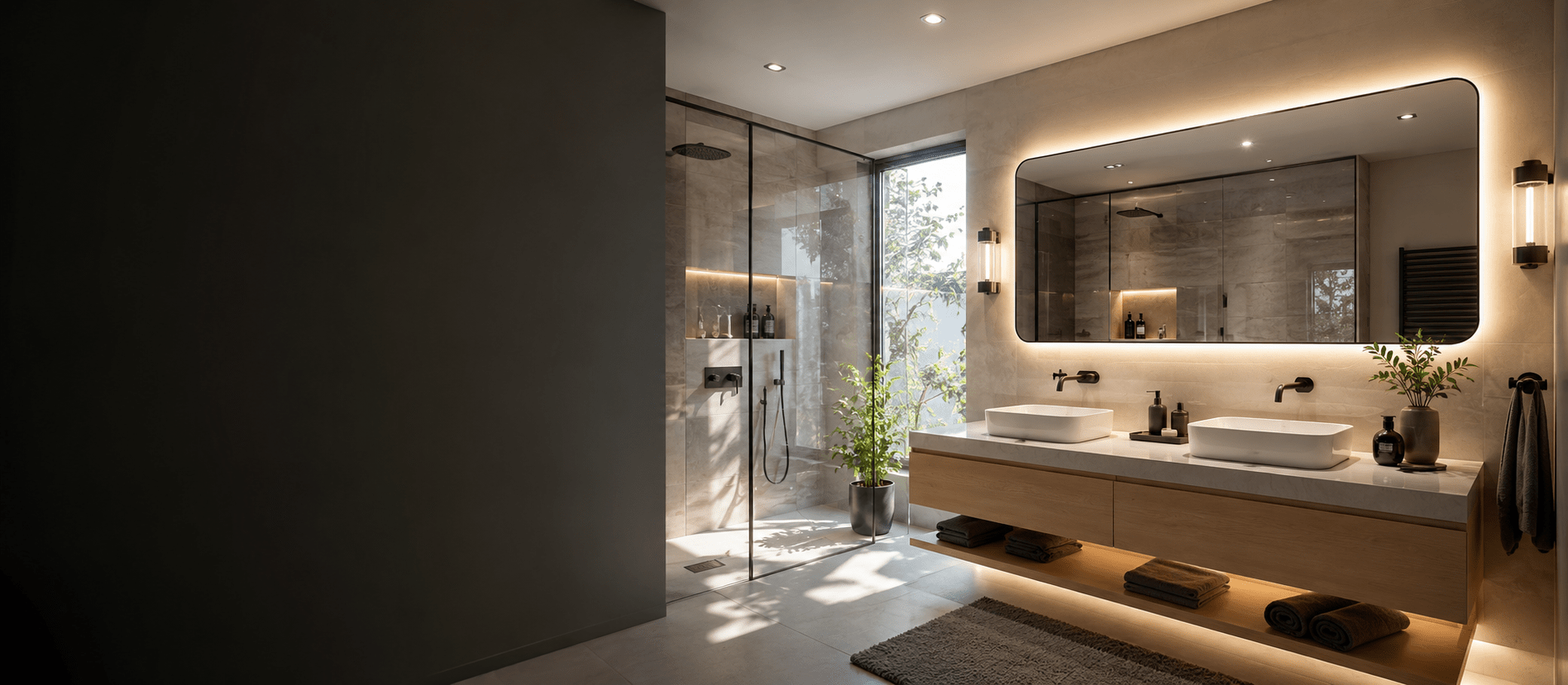 Realistic South African bathroom lifestyle scene with warm oak vanity, stone tiles, brass accents and balanced bathroom lighting