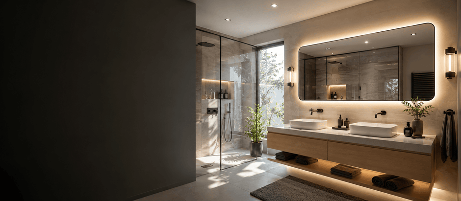 Realistic South African bathroom lifestyle scene with warm oak vanity, stone tiles, brass accents and balanced bathroom lighting