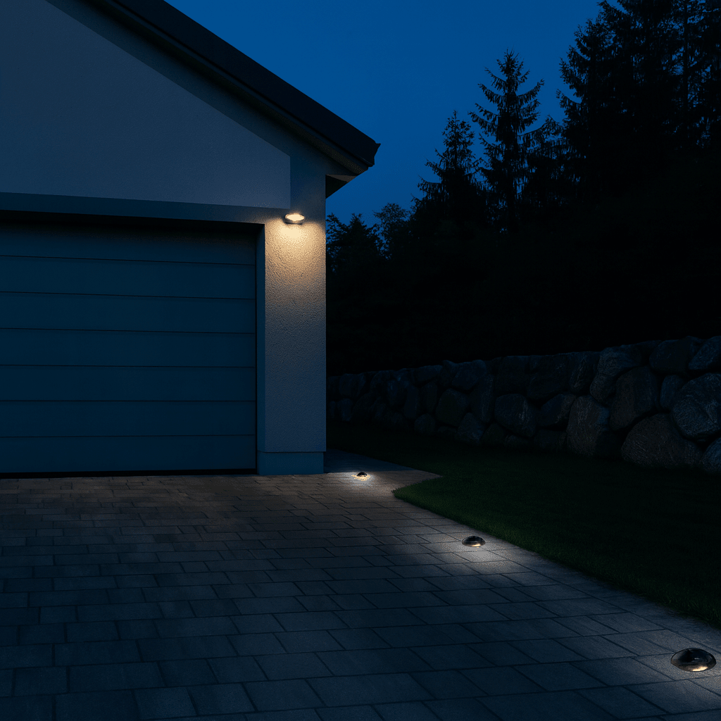 Aldo recessed ground lights illuminating a stone pathway beside a house at dusk.
