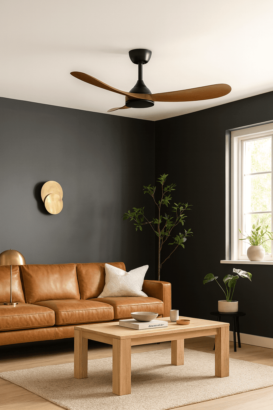 Black and dark wood ceiling fan installed in a modern living room