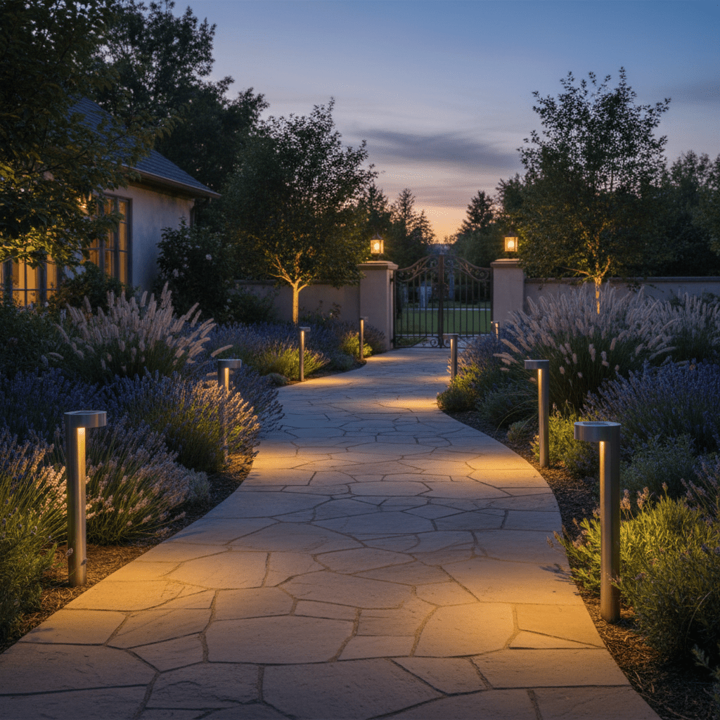 Solar pathway lights illuminating a garden walkway in South Africa