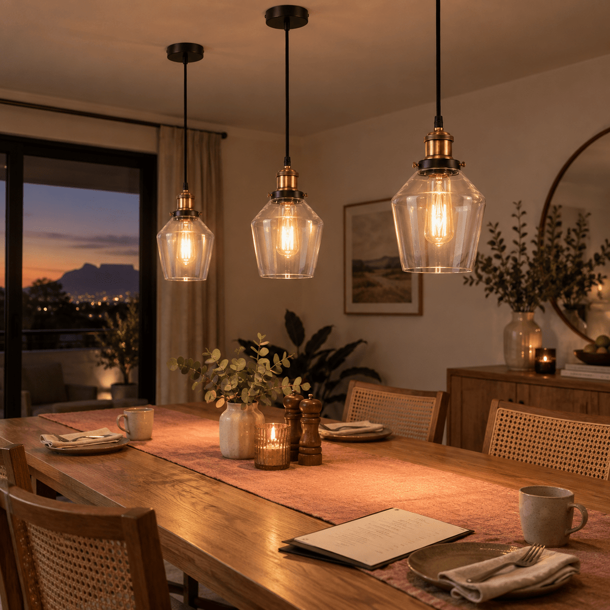 Charlotte antique brass and clear glass pendant lighting a guest-house dining table