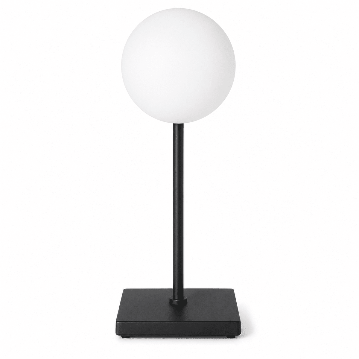 Black rechargeable table lamp with a spherical white shade and slim stem on a square base