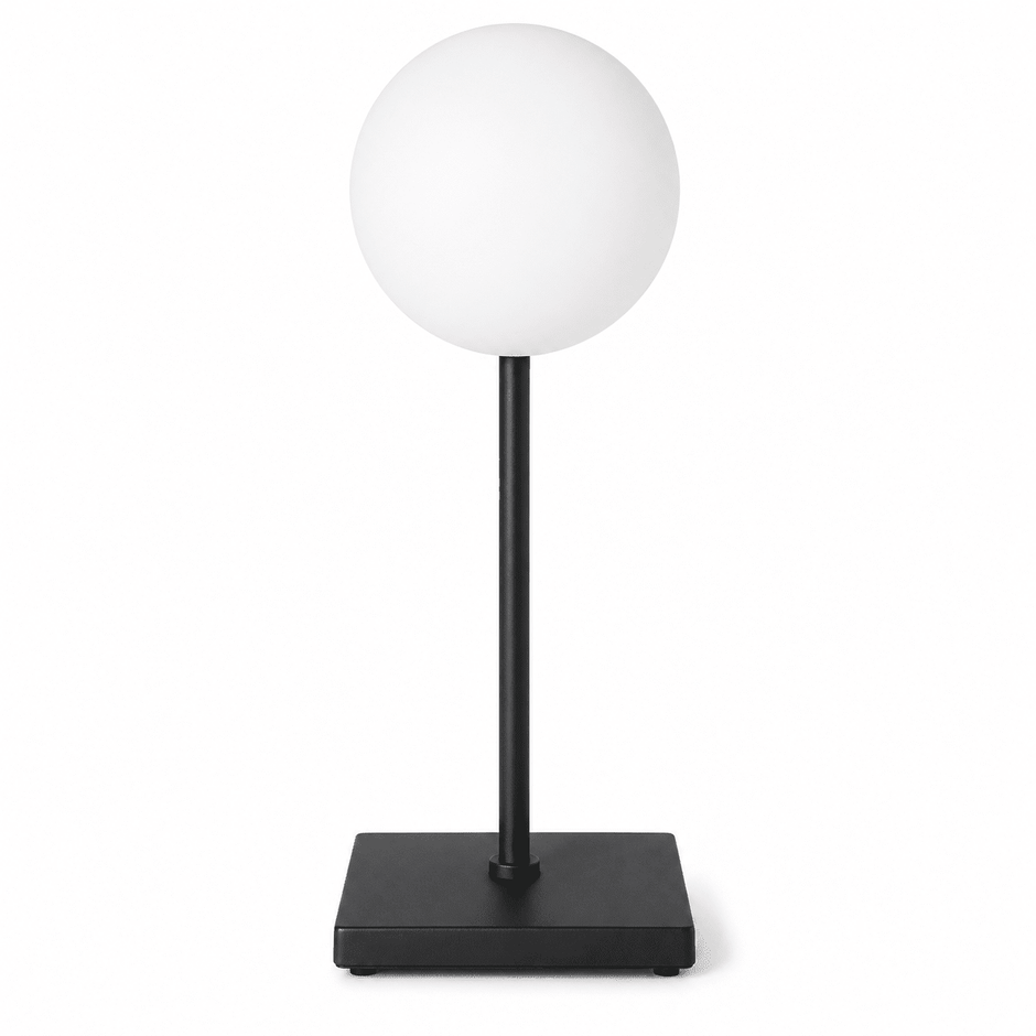 Black rechargeable table lamp with a spherical white shade and slim stem on a square base