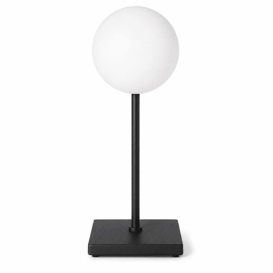 Black rechargeable table lamp with a spherical white shade and slim stem on a square base