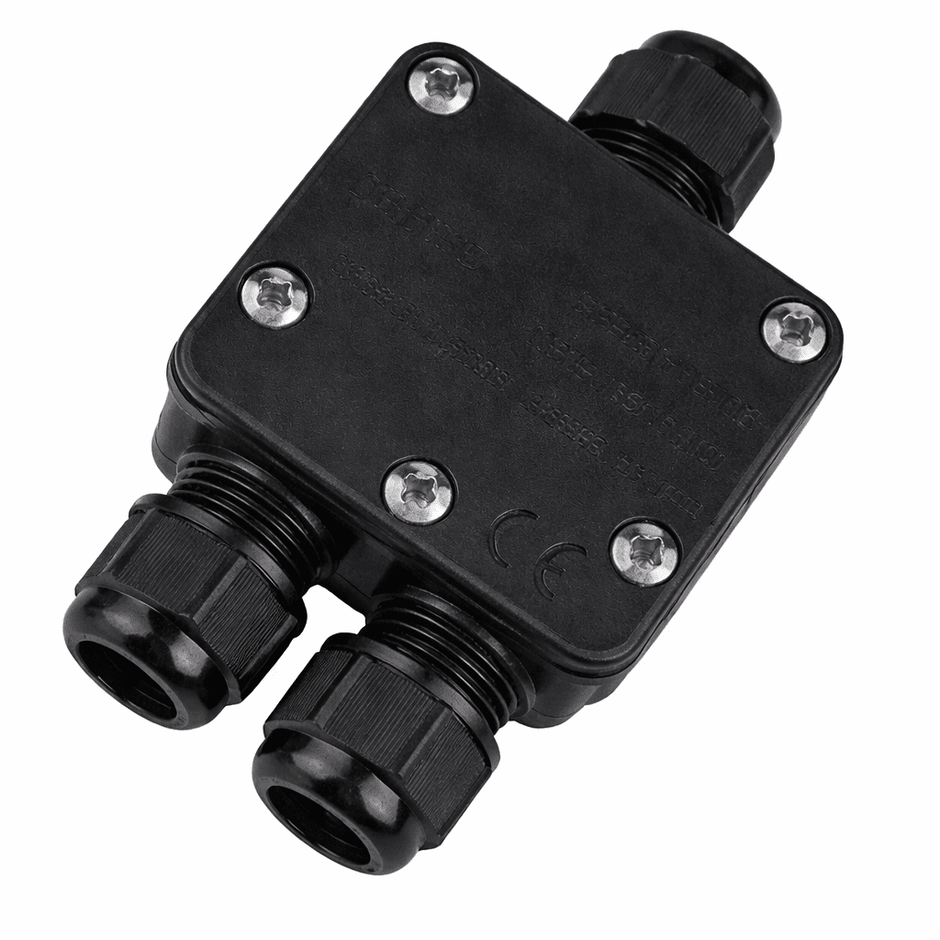 Waterproof junction box with double entry ports for outdoor lighting cable connections