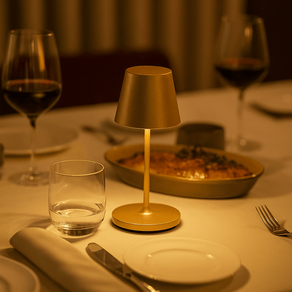 Elegant gold rechargeable table lamp on a dining table, surrounded by glassware and plates.