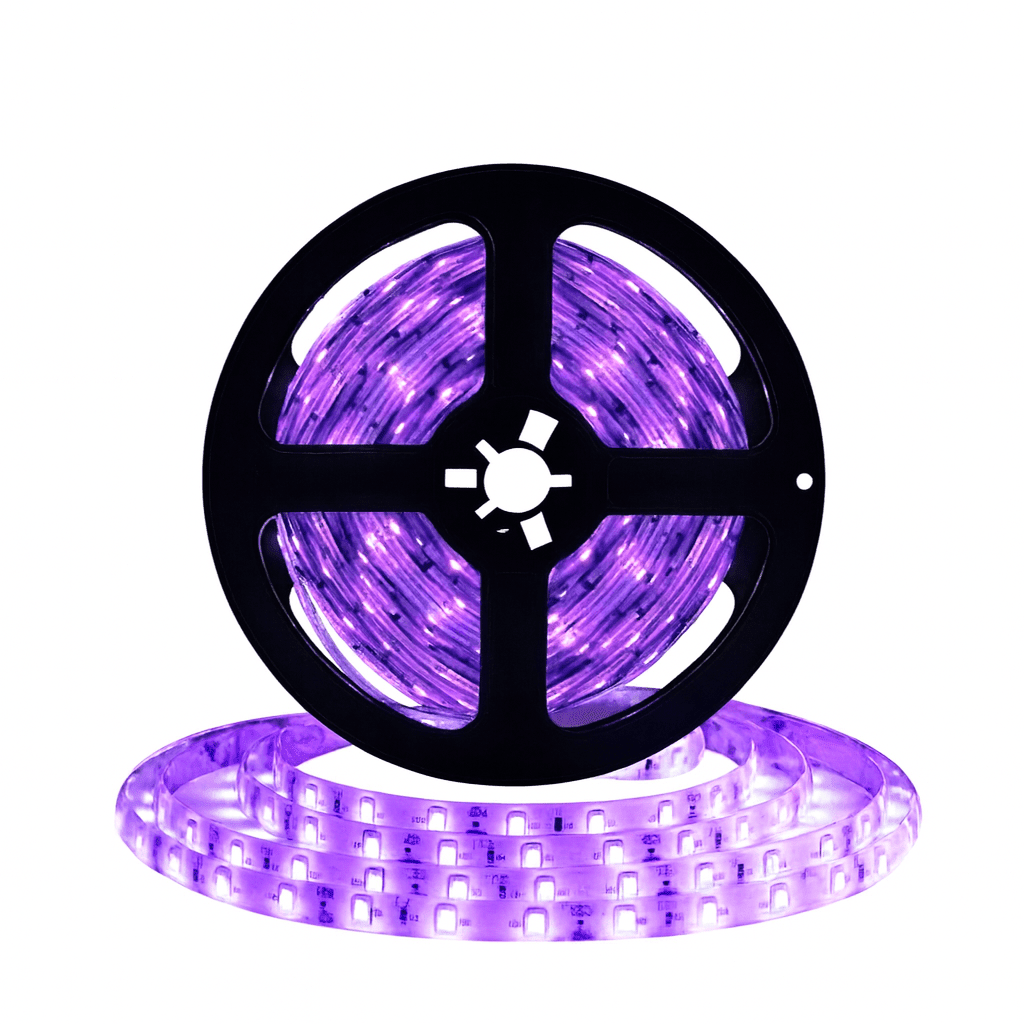 Purple LED striplight roll on a black spool, showcasing flexible design for accent lighting.