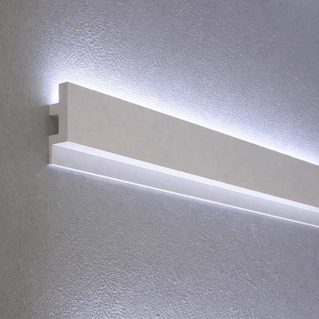 White LED uplight cornice installed on a textured wall