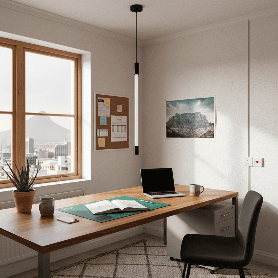 Hanging suspension kit with T8 LED tube in a modern office setting, illuminating a wooden desk with a laptop.