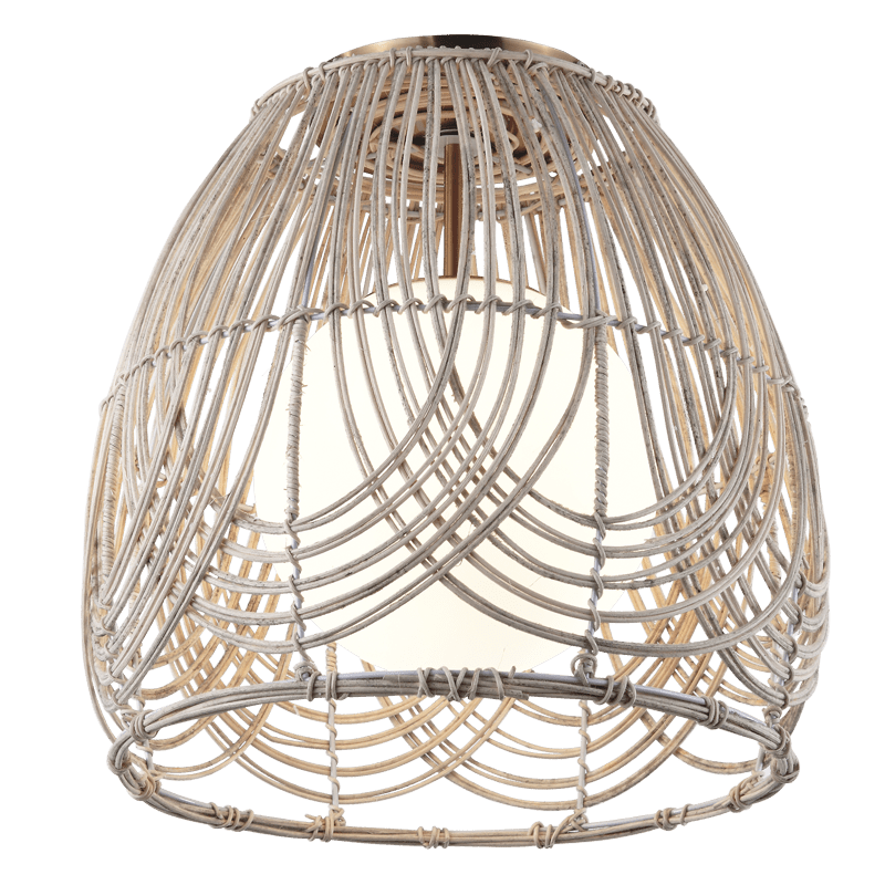 Rattan ceiling light with a white glass diffuser and natural woven shade