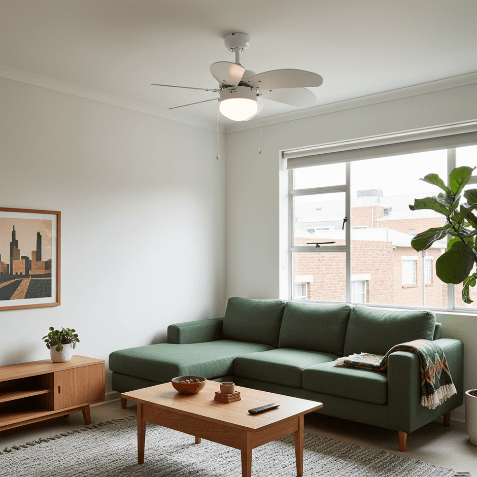 Six-blade ceiling fan with integrated light above a modern living room