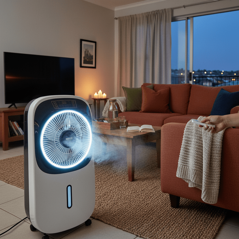 Rechargeable mist fan with LED light in a living room