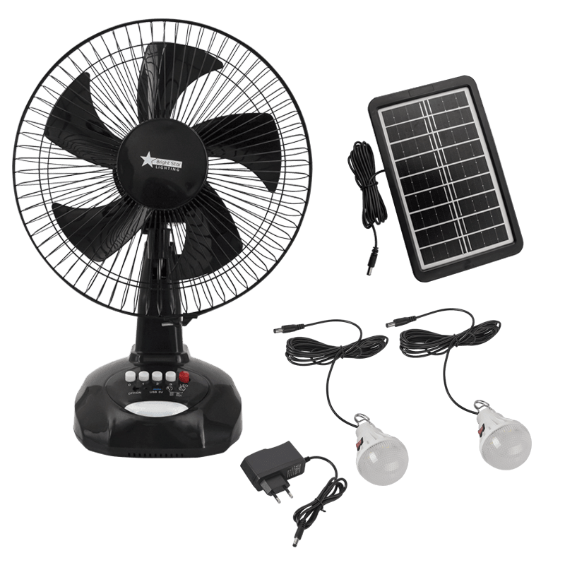 12-inch solar and mains rechargeable desk fan with built-in lights for camping and off-grid use