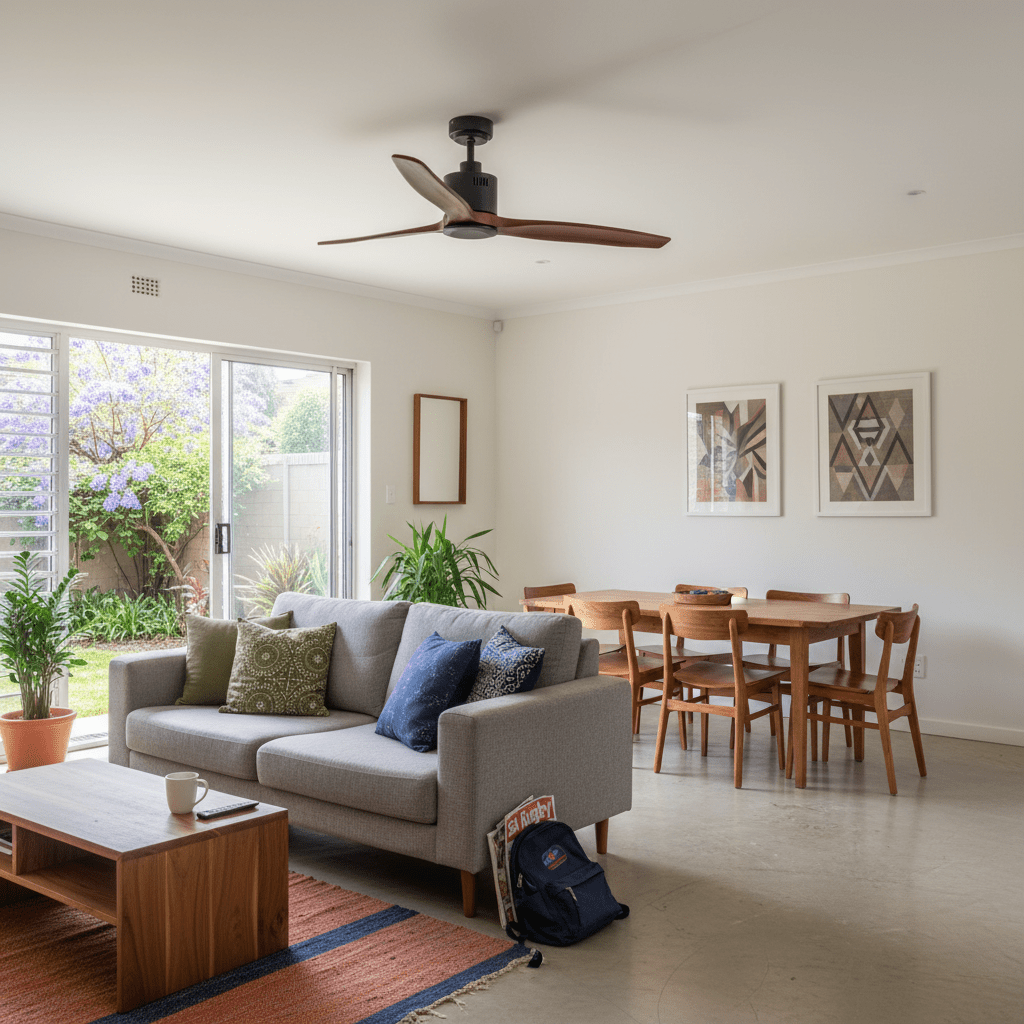 Modern ceiling fan with wood blades installed in a bright living room with a sofa and dining area.
