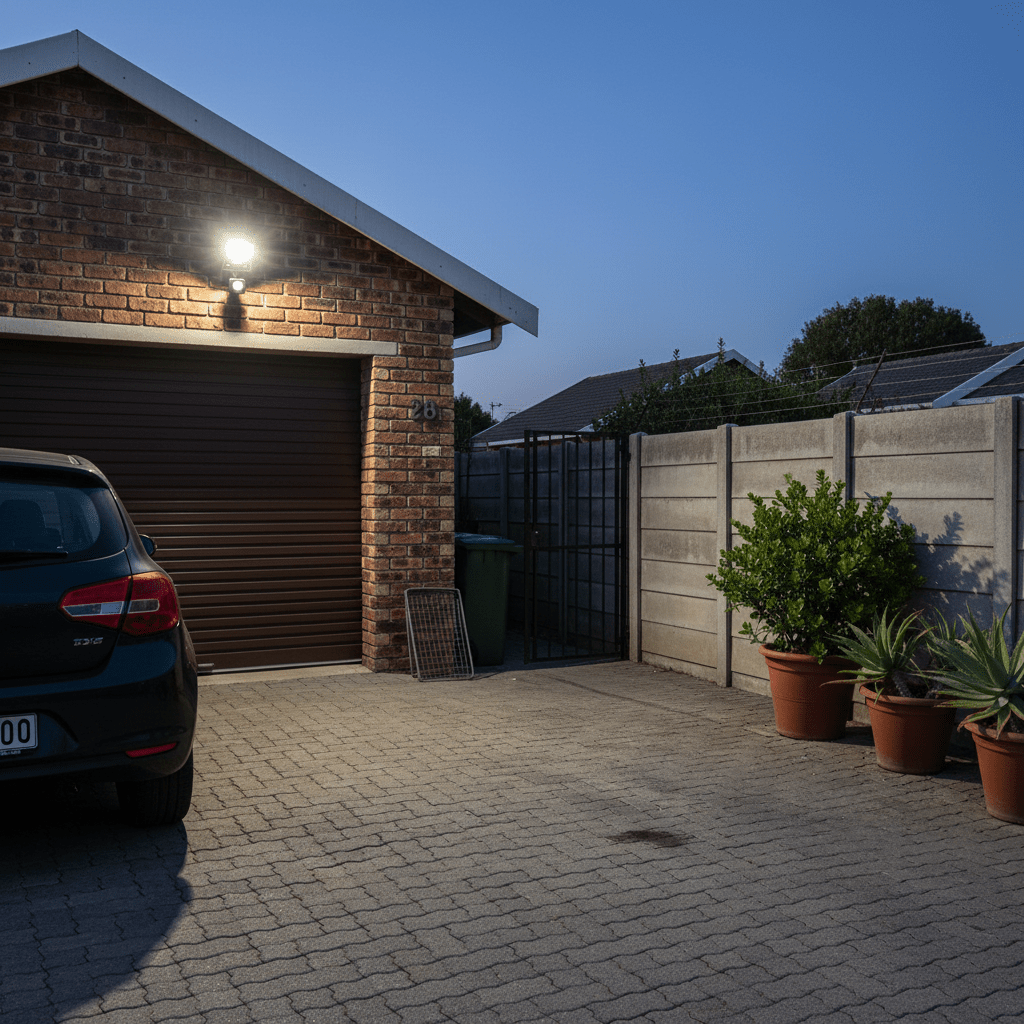 Black LED floodlight with PIR sensor illuminating a brick driveway with a parked car and potted plants