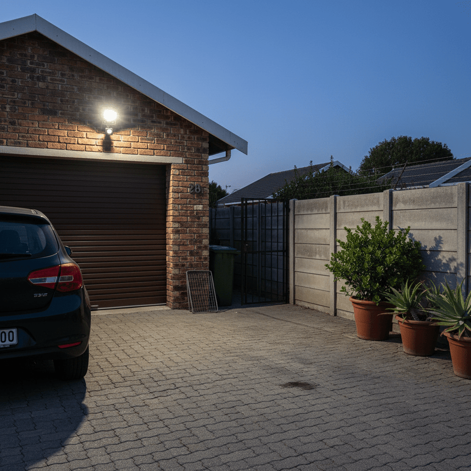 Black LED floodlight with PIR sensor illuminating a brick driveway with a parked car and potted plants