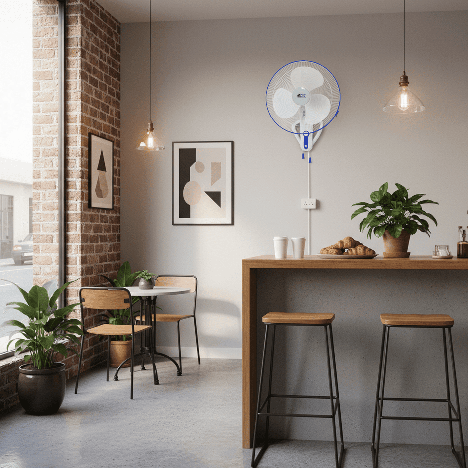 White wall-mounted fan installed above a kitchen bar and dining area