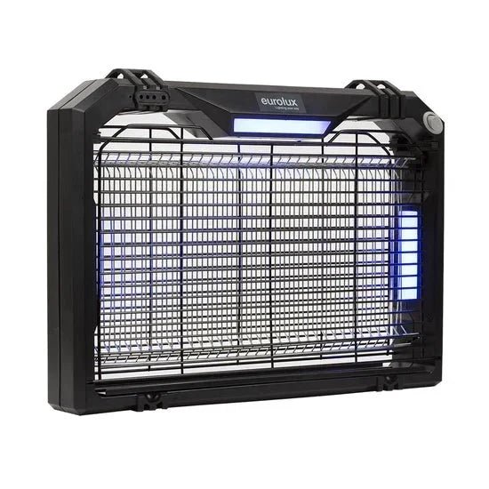 Black insect lamp trap with UV light and protective grille