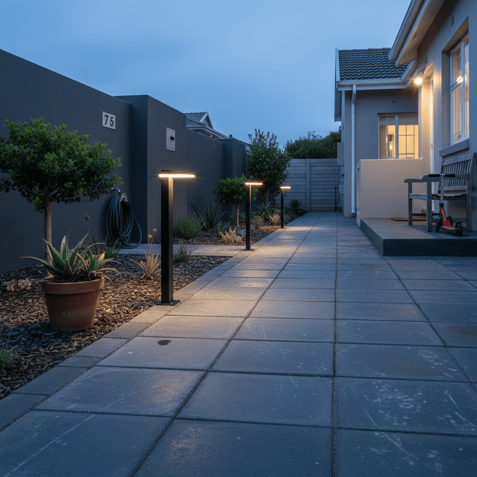 LED outdoor bollards illuminating a garden pathway at dusk