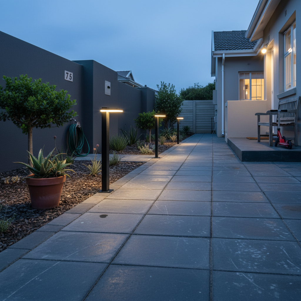 LED outdoor bollards illuminating a garden pathway at dusk