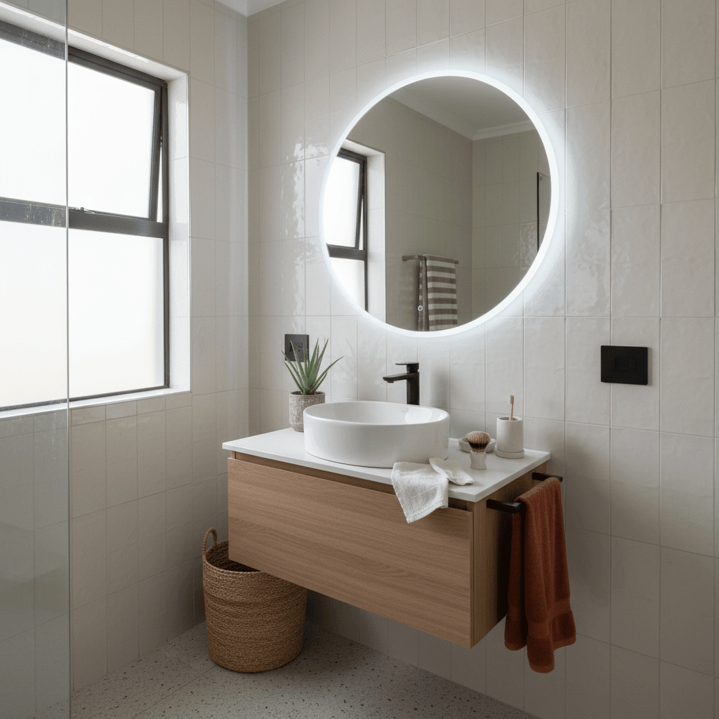 Frameless round LED mirror above a modern bathroom sink with soft backlighting and simple decor.