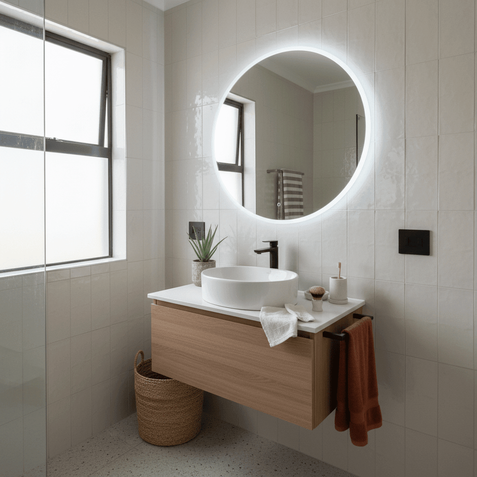 Frameless round LED mirror above a modern bathroom sink with soft backlighting and simple decor.