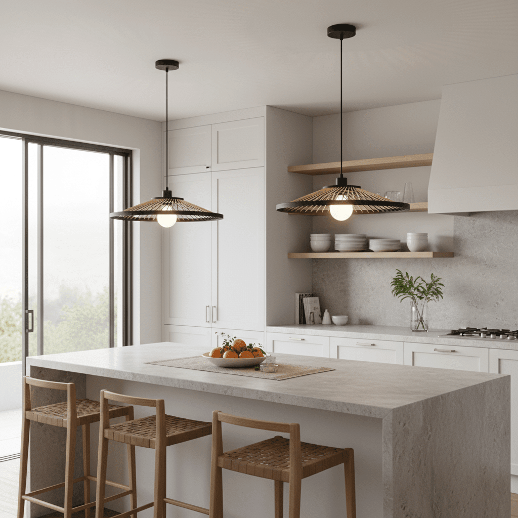 Hara bamboo and metal pendant light above a kitchen island