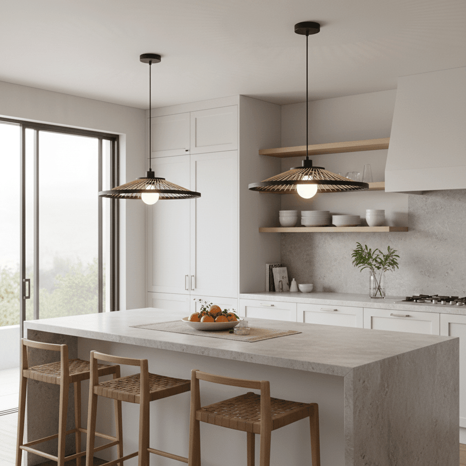 Hara bamboo and metal pendant light above a kitchen island