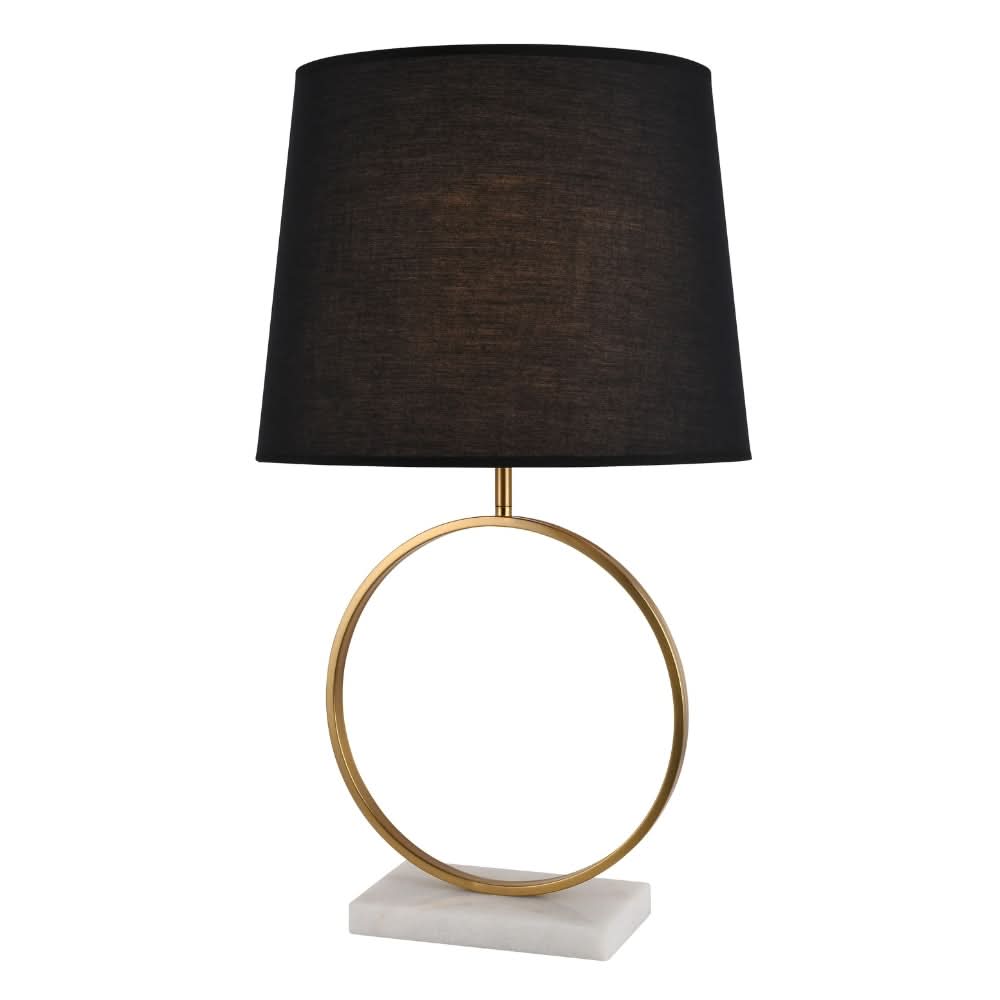 Elegant black and gold marble table lamp beside a refined home office desk
