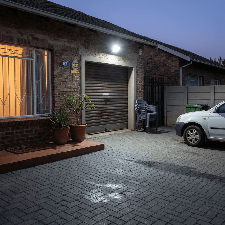 100W IP65 LED floodlight illuminating a driveway and garage area at dusk
