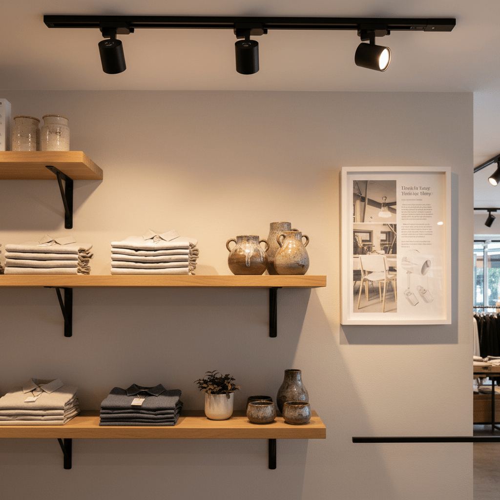 Three adjustable black track lights illuminating neatly arranged shelves in a coastal-inspired interior
