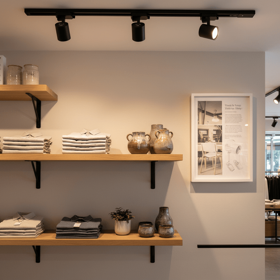 Three adjustable black track lights illuminating neatly arranged shelves in a coastal-inspired interior