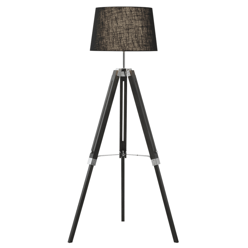Arabella floor lamp with a dark wood tripod base and black fabric shade