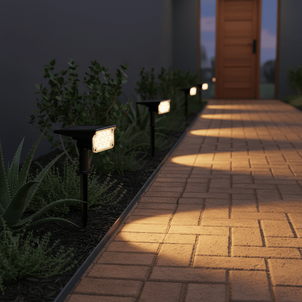 Solar garden spotlight installed along a pathway with plants and paving stones