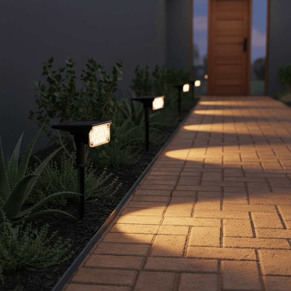 Solar garden spotlight installed along a pathway with plants and paving stones