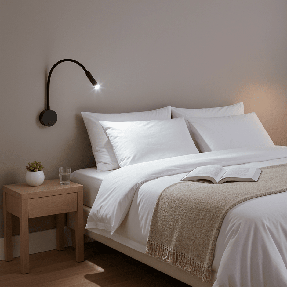 Black flexible LED reading light mounted beside a neatly made bed