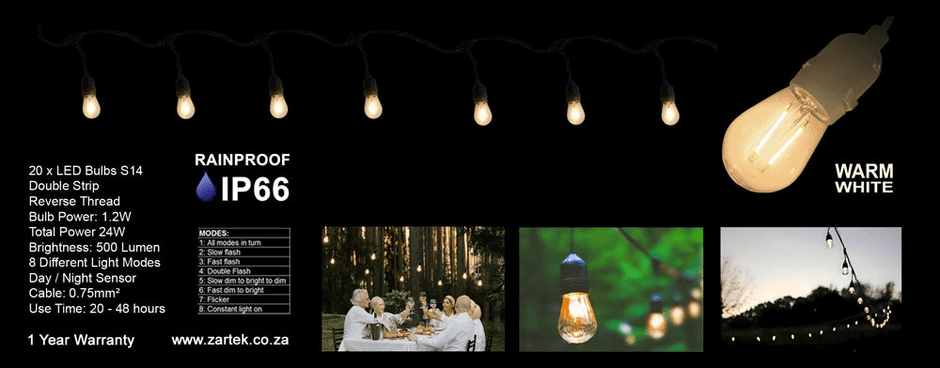 Solar string lights arranged around an outdoor campsite table