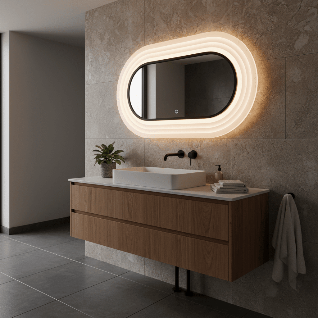 Oval black-frame LED mirror above a modern bathroom vanity