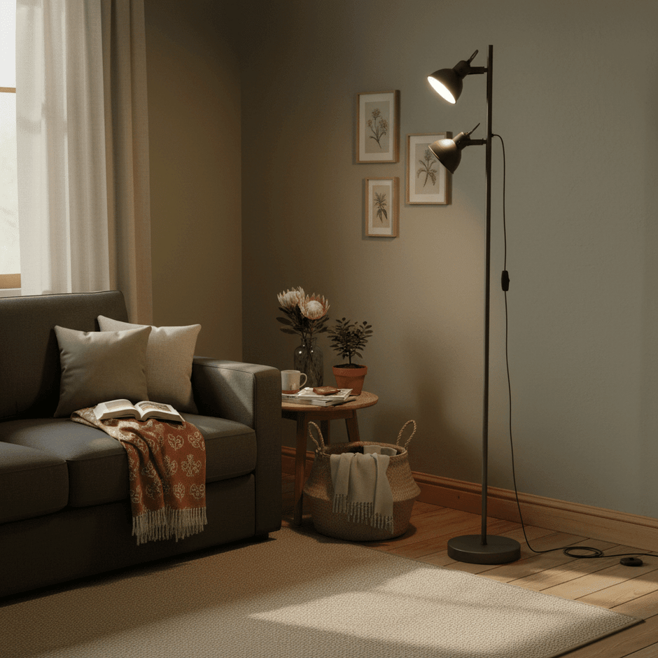 Matt antique silver floor lamp beside a sofa with a book in a living room
