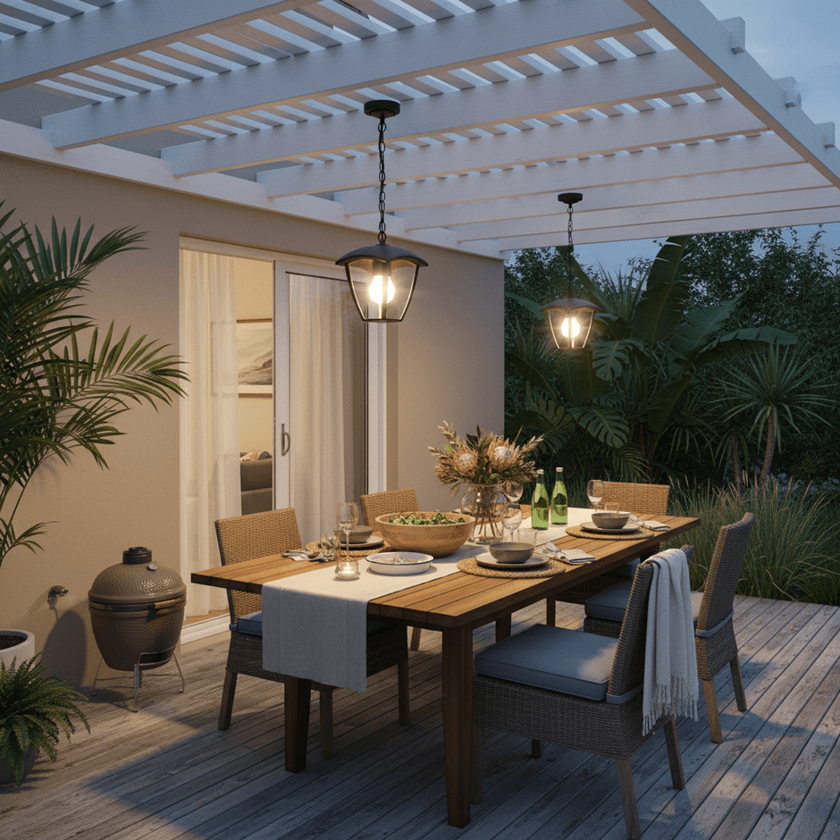 Black outdoor pendant lights above a laid outdoor dining table beneath a pergola