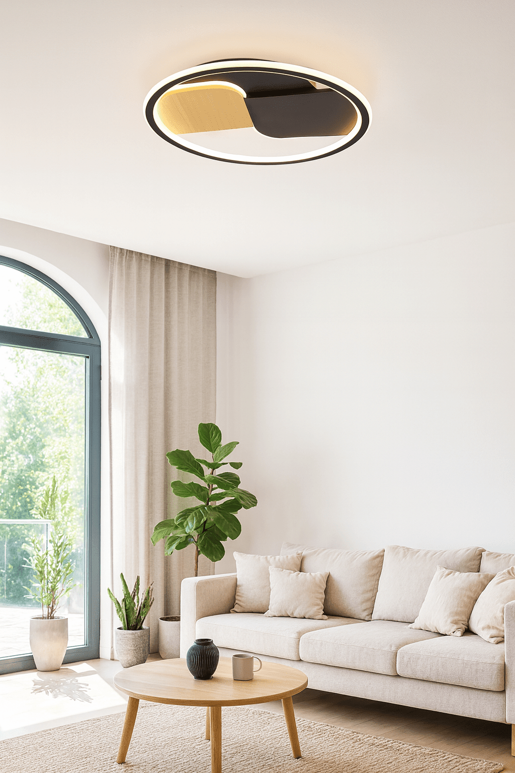 Large Yin and Yang LED ceiling light in a modern living room