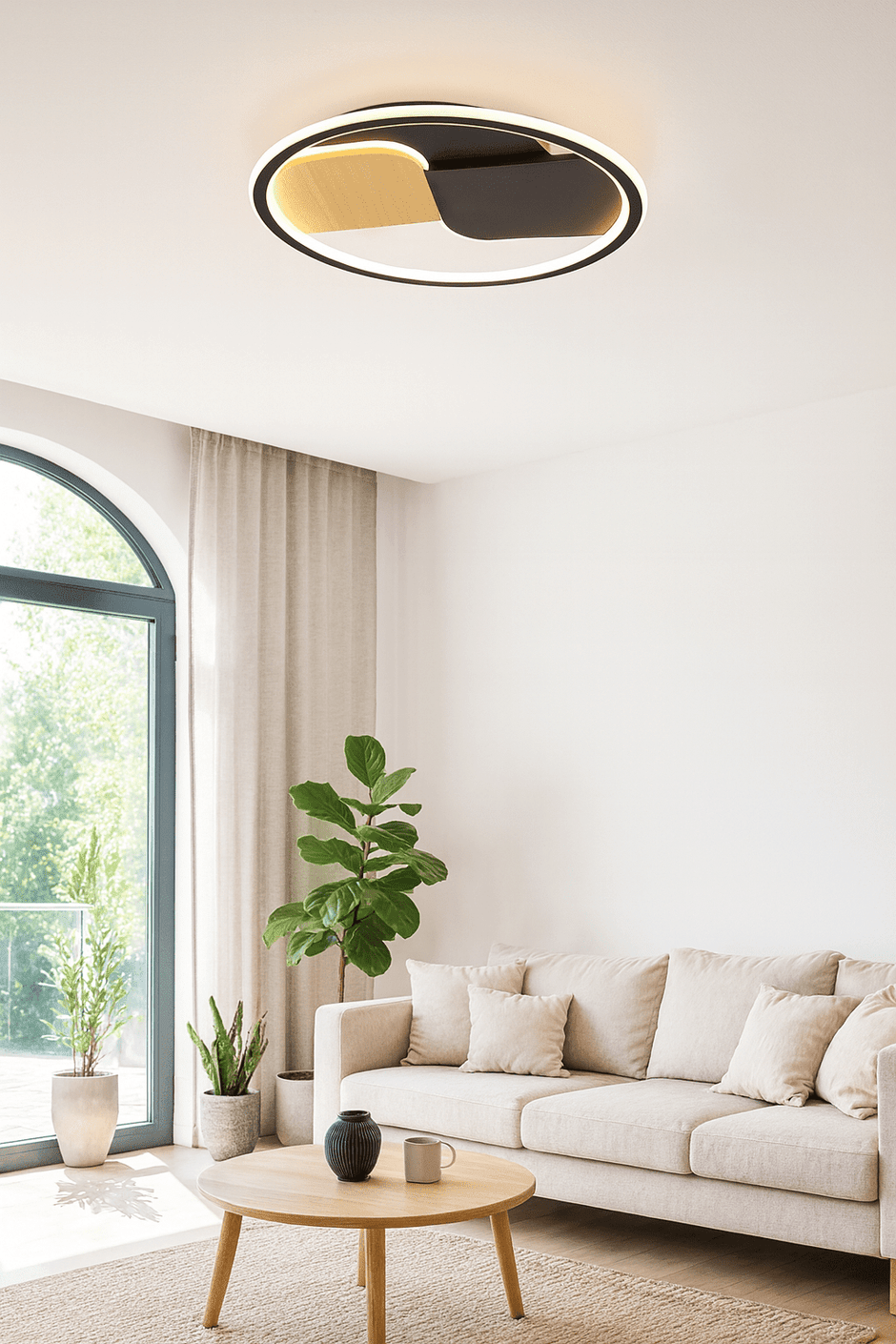 Large Yin and Yang LED ceiling light in a modern living room