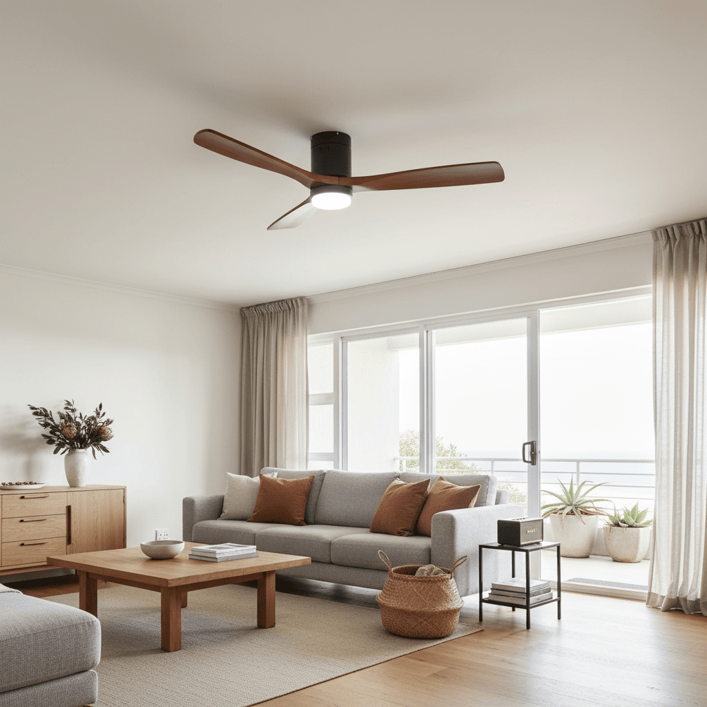 Black and walnut modern ceiling fan above a stylish living room with a sofa and three wooden blades.