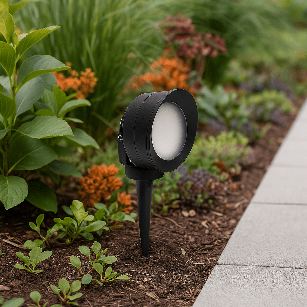 Tommy-El spike garden light positioned among garden plants