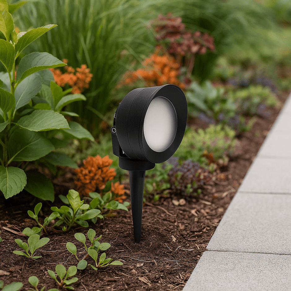 Tommy-El spike garden light positioned among garden plants