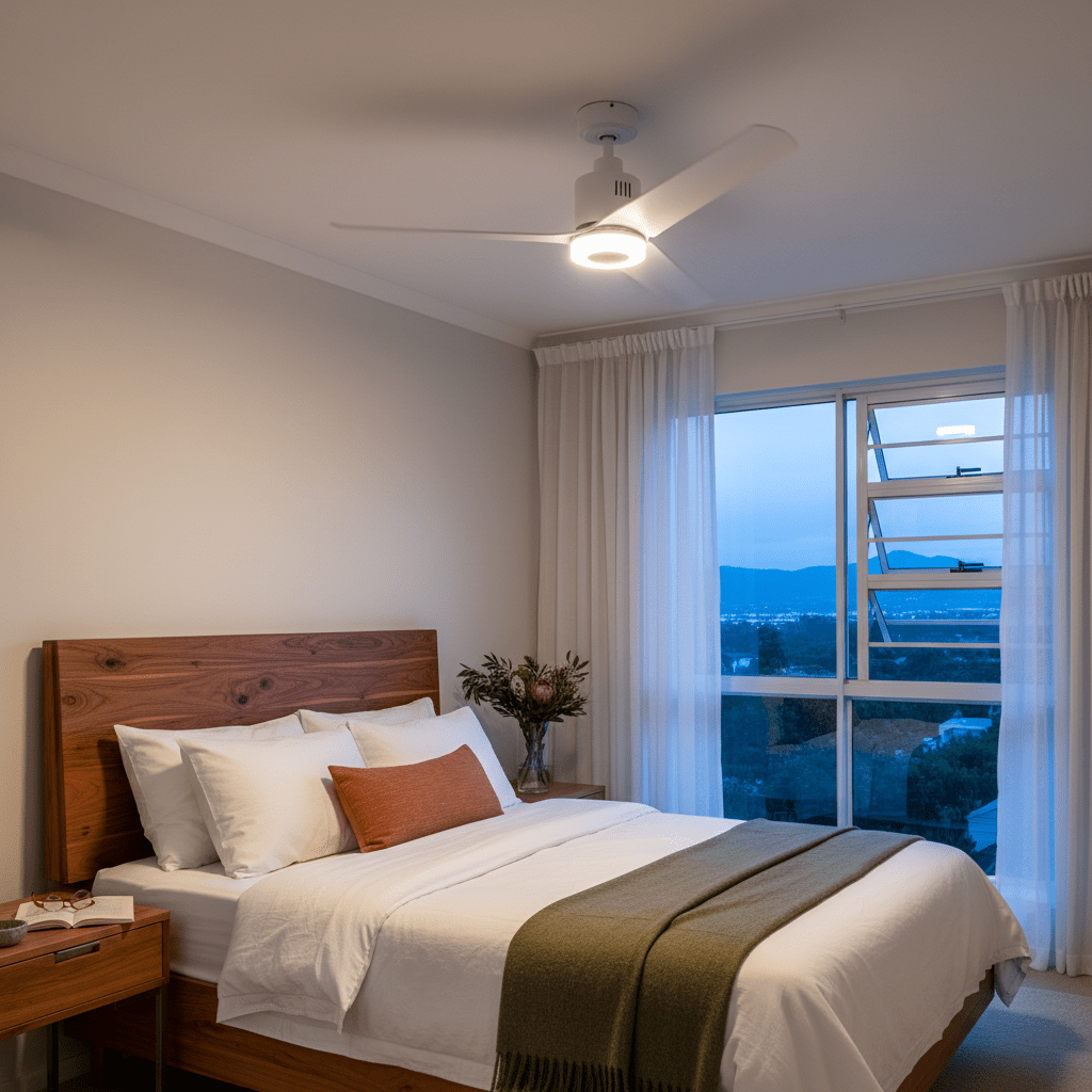 White LED ceiling fan with integrated light in a cosy bedroom setting.