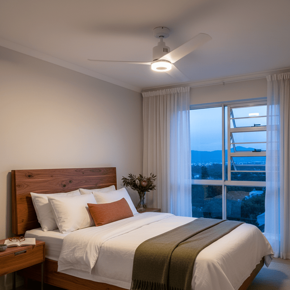 White LED ceiling fan with integrated light in a cosy bedroom setting.