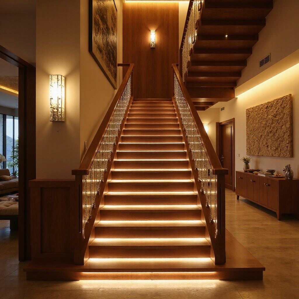 Wooden staircase with illuminated steps and wall sconces in a modern home