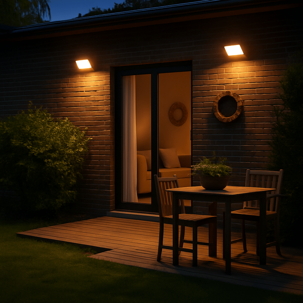 Warm white floodlight casting a soft glow on an outdoor patio